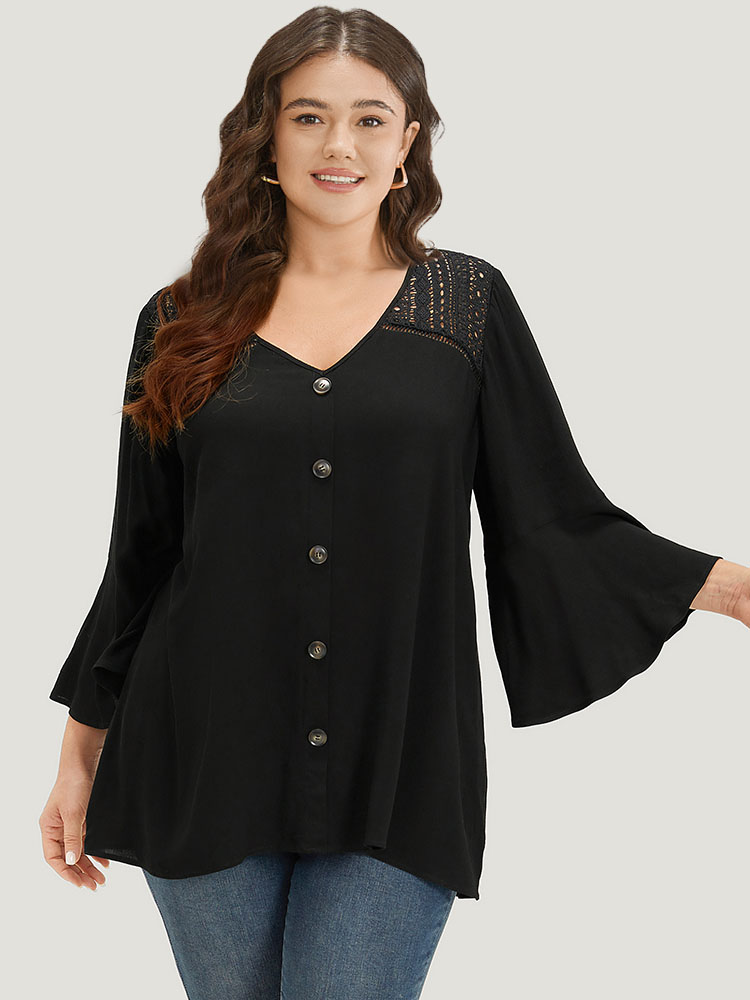 

Plus Size Black Plain Crochet Lace Button Detail Bell Sleeve Blouse Women Elegant Elbow-length sleeve V-neck Dailywear Blouses BloomChic