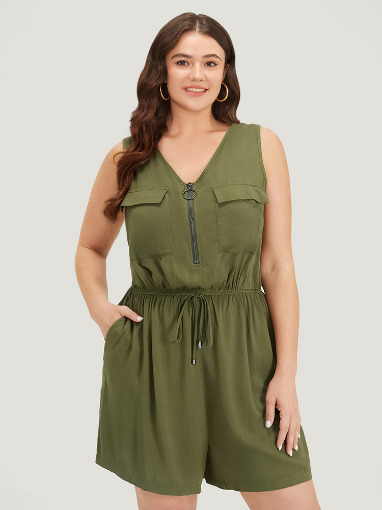 

Plus Size ArmyGreen Plain V Neck Drawstring Pocket Zipper Jumpsuit Women Elegant Sleeveless V-neck Dailywear Loose Jumpsuits BloomChic