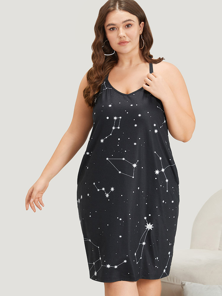 

Plus Size Star Print Pocket Midi Sleep Cami Dress Black Sleeveless Spaghetti Strap Elegant Dailywear  Bloomchic