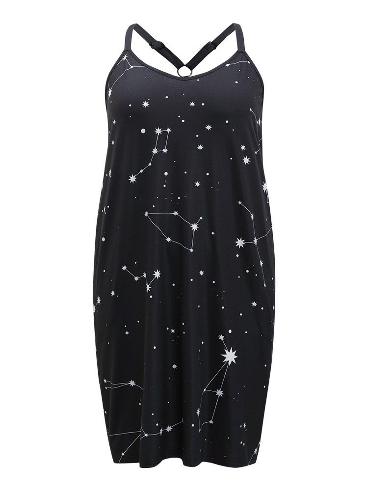 

Plus Size Star Print Pocket Midi Sleep Cami Dress Black Sleeveless Spaghetti Strap Elegant Dailywear  Bloomchic