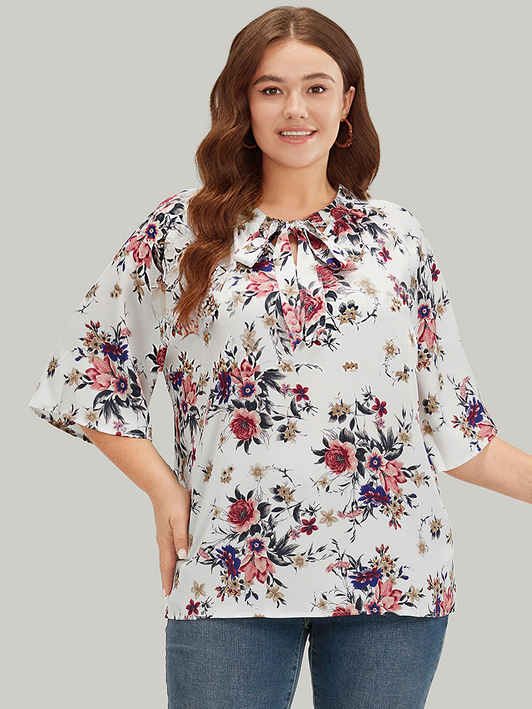 Plus Size Women Dailywear Floral Cross straps Regular Sleeve Half Sleeve Tie Neck Elegant Blouses BloomChic 