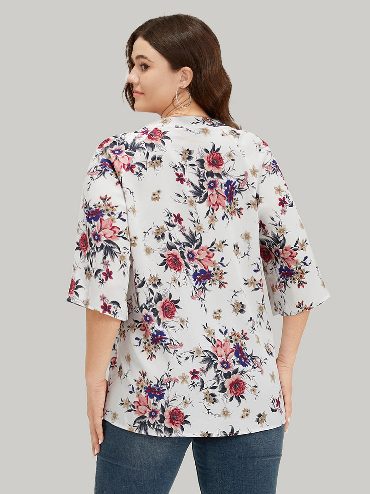 Plus Size Women Dailywear Floral Cross straps Regular Sleeve Half Sleeve Tie Neck Elegant Blouses BloomChic 