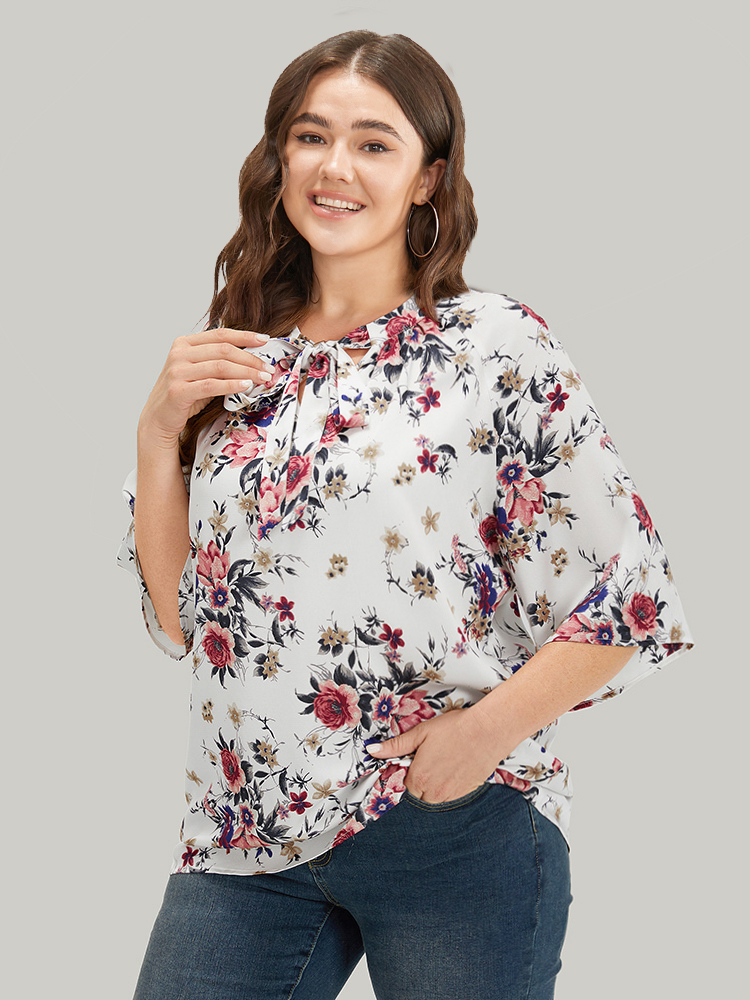 Plus Size Women Dailywear Floral Cross straps Regular Sleeve Half Sleeve Tie Neck Elegant Blouses BloomChic 
