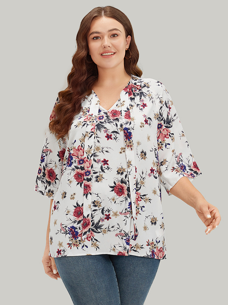 Plus Size Women Dailywear Floral Cross straps Regular Sleeve Half Sleeve Tie Neck Elegant Blouses BloomChic 