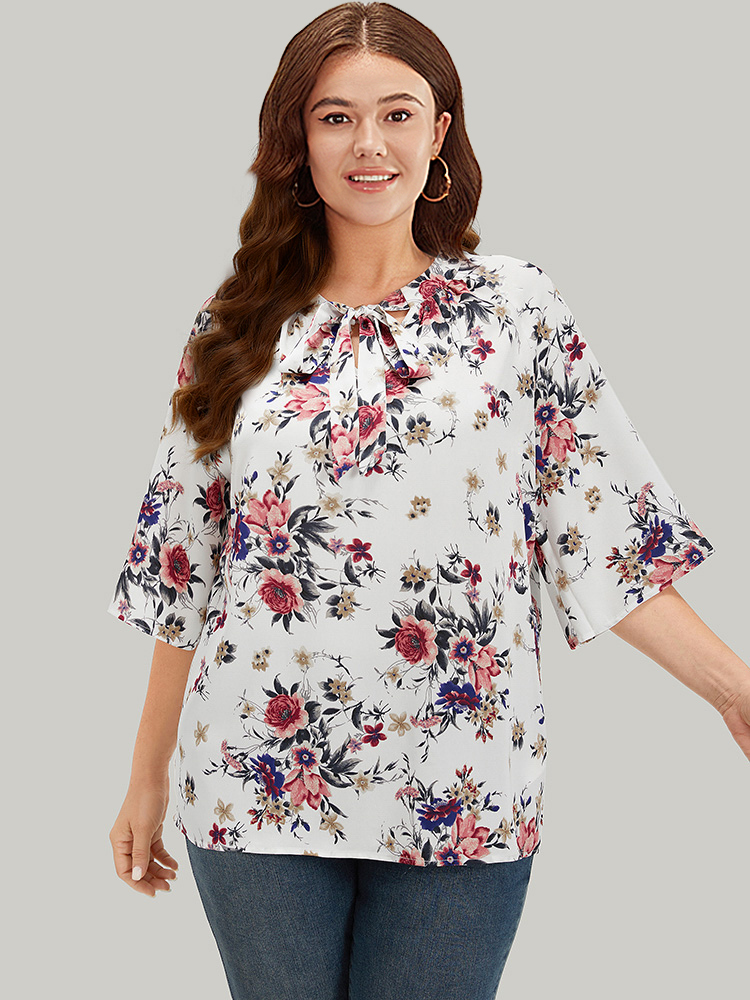 Plus Size Women Dailywear Floral Cross straps Regular Sleeve Half Sleeve Tie Neck Elegant Blouses BloomChic 