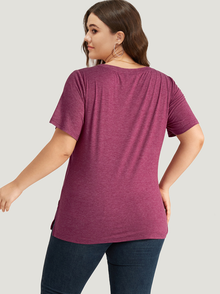 

Plus Size Solid Heart Rhinestone V Neck T-shirt RedViolet Women Casual Plain Heart Print Dailywear T-shirts BloomChic