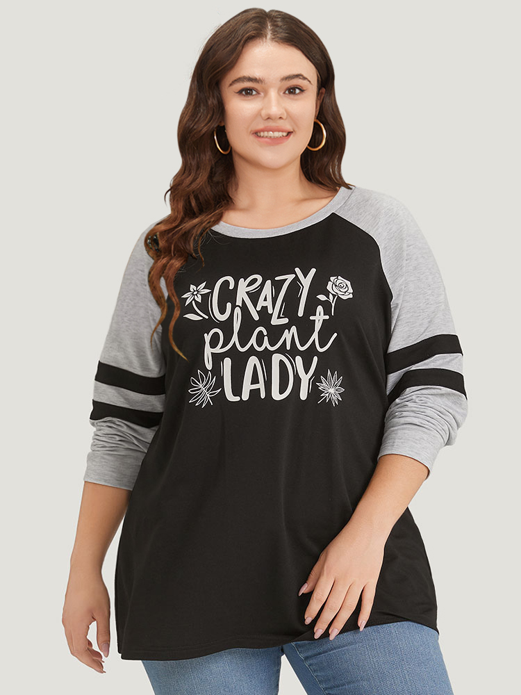 Plus Size Women Dailywear Letter Contrast Regular Raglan sleeve Long Sleeve Round Neck Casual Sweatshirts BloomChic 