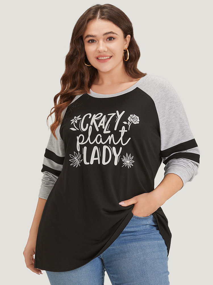 Plus Size Women Dailywear Letter Contrast Regular Raglan sleeve Long Sleeve Round Neck Casual Sweatshirts BloomChic 
