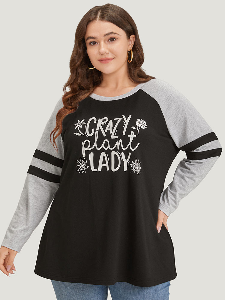 Plus Size Women Dailywear Letter Contrast Regular Raglan sleeve Long Sleeve Round Neck Casual Sweatshirts BloomChic 