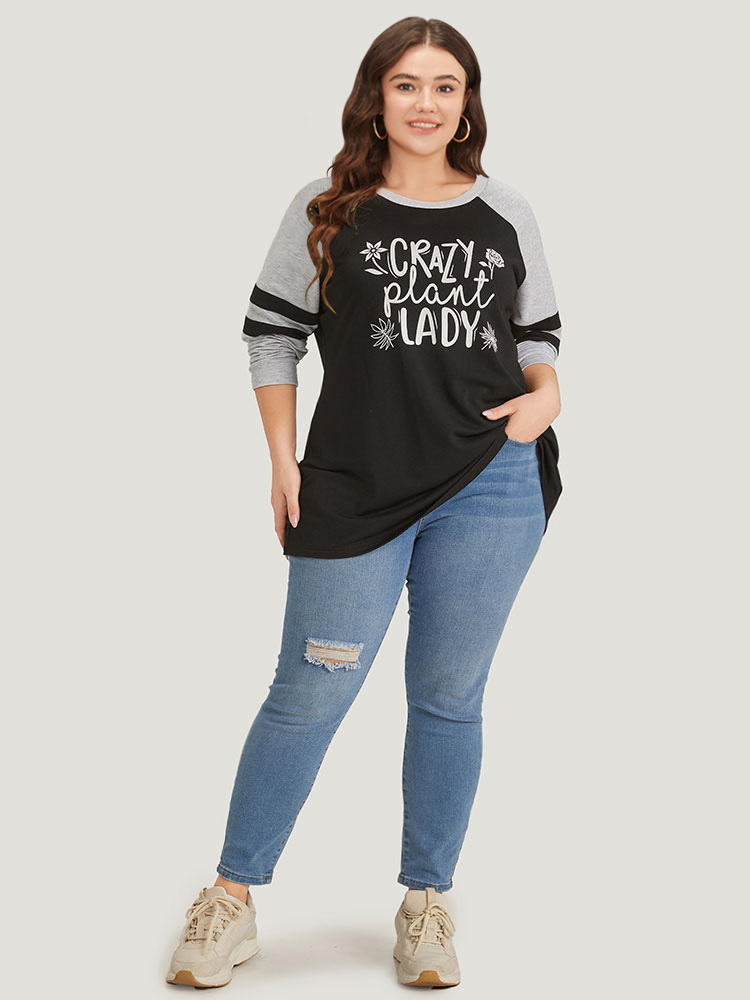 Plus Size Women Dailywear Letter Contrast Regular Raglan sleeve Long Sleeve Round Neck Casual Sweatshirts BloomChic 