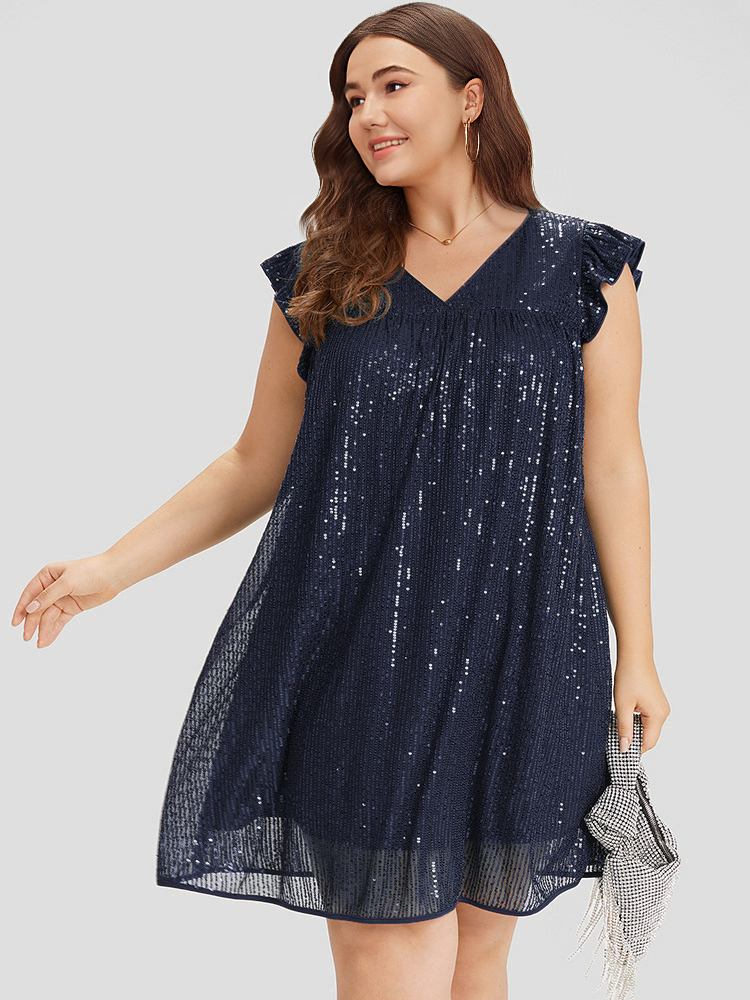 

Plus Size Sequin Mesh Pocket Cap Sleeve Ruffle Trim Dress Indigo Women Party Plain V-neck Half Sleeve Curvy Knee Dress BloomChic