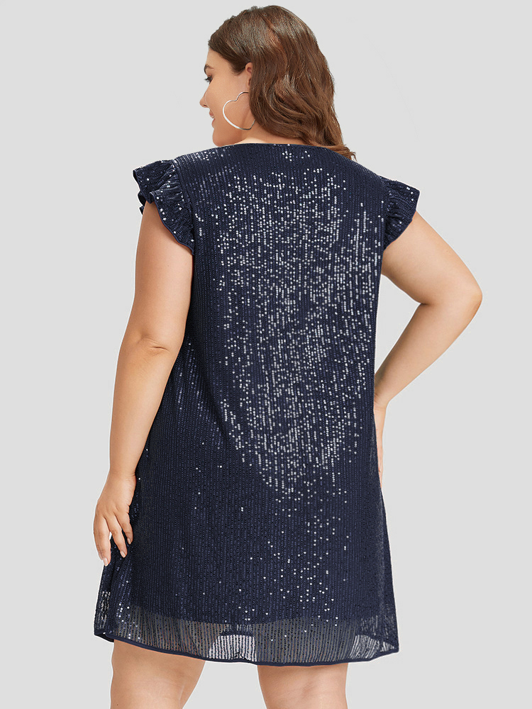 

Plus Size Sequin Mesh Pocket Cap Sleeve Ruffle Trim Dress Indigo Women Party Plain V-neck Half Sleeve Curvy Knee Dress BloomChic