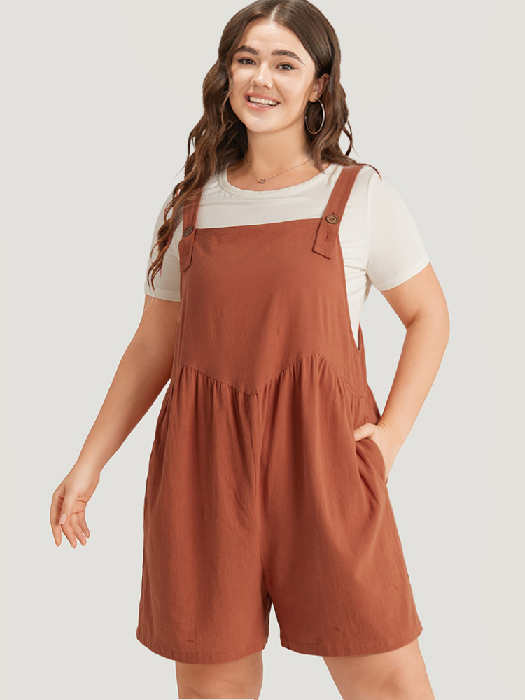 Plus Size Russet Solid Pocket Button Through Gathered Overall Jumpsuit Women Casual Sleeveless Spaghetti Strap Dailywear Loose Jumpsuits BloomChic 12/L 
