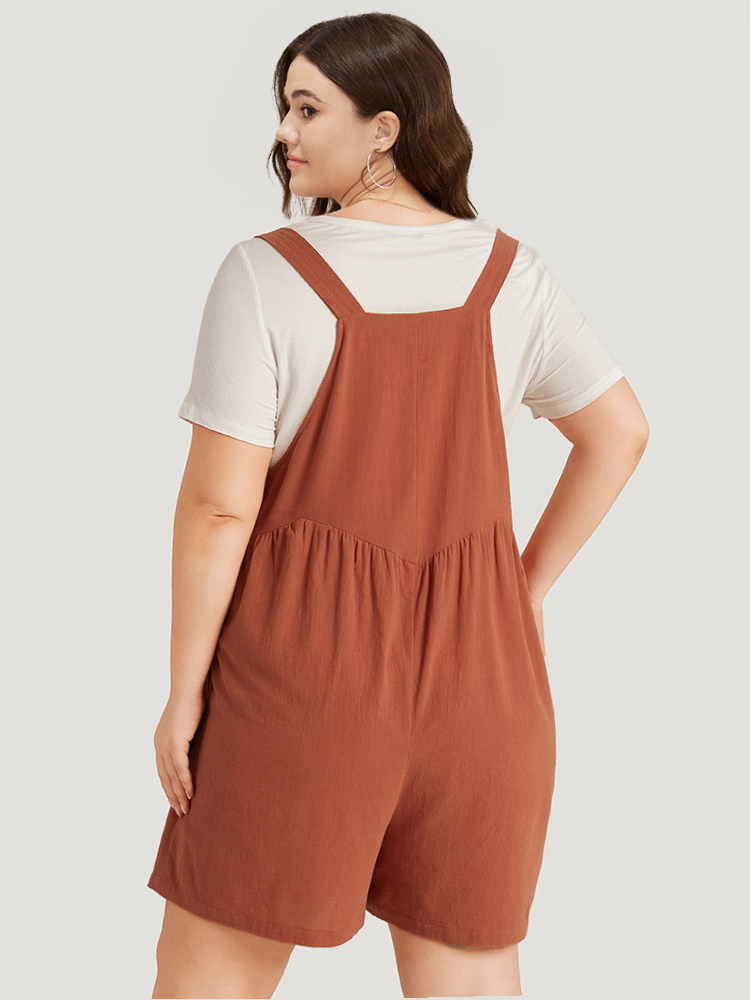 Plus Size Russet Solid Pocket Button Through Gathered Overall Jumpsuit Women Casual Sleeveless Spaghetti Strap Dailywear Loose Jumpsuits BloomChic 12/L 