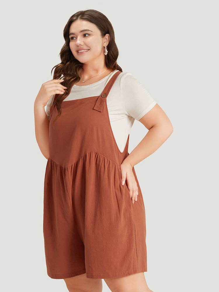 Plus Size Russet Solid Pocket Button Through Gathered Overall Jumpsuit Women Casual Sleeveless Spaghetti Strap Dailywear Loose Jumpsuits BloomChic 12/L 