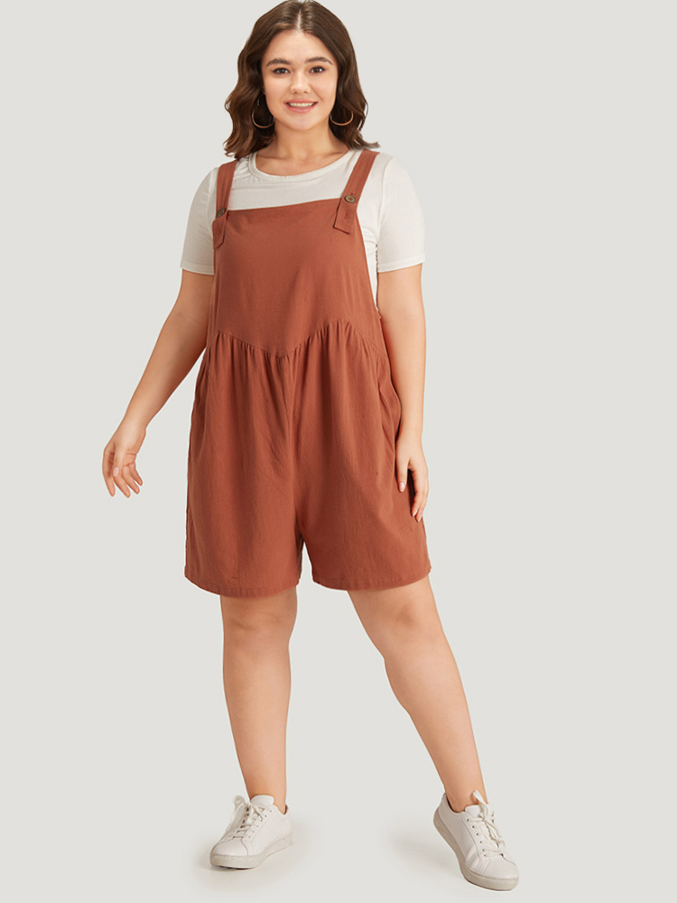 

Plus Size Russet Solid Pocket Button Through Gathered Overall Jumpsuit Women Casual Sleeveless Spaghetti Strap Dailywear Loose Jumpsuits BloomChic