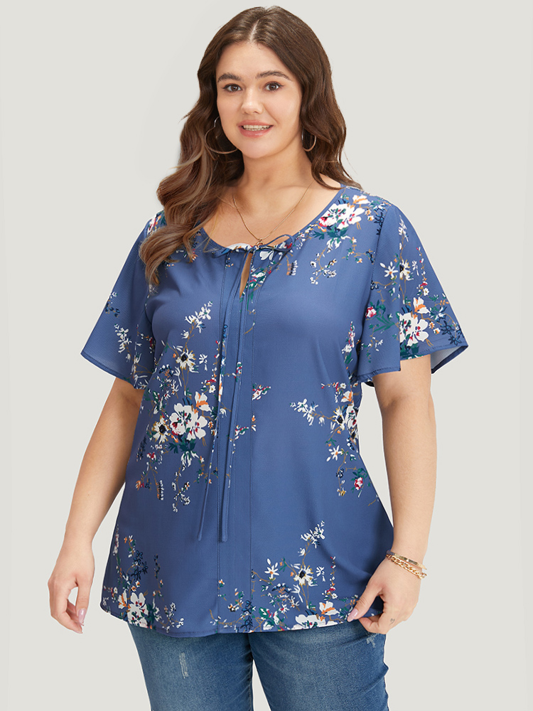 

Plus Size Stone Floral Print Knot Neck Blouse Women Elegant Short sleeve Tie Neck Dailywear Blouses BloomChic