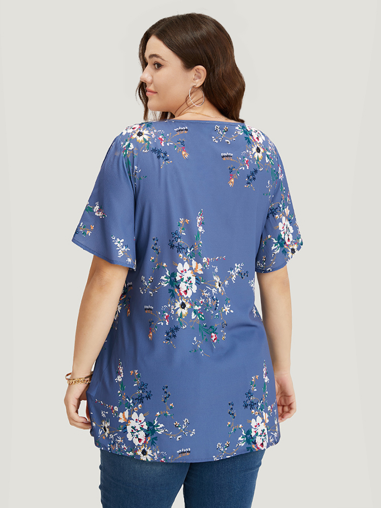 

Plus Size Stone Floral Print Knot Neck Blouse Women Elegant Short sleeve Tie Neck Dailywear Blouses BloomChic