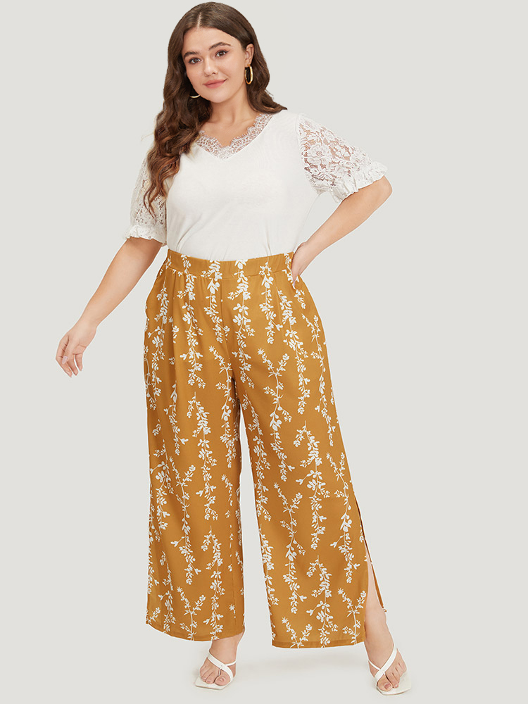 Plus Size Silhouette Floral Print Pocket Split Side Pants Women Yellow Elegant Straight Leg High Rise Dailywear Pants BloomChic 22-24/3X 
