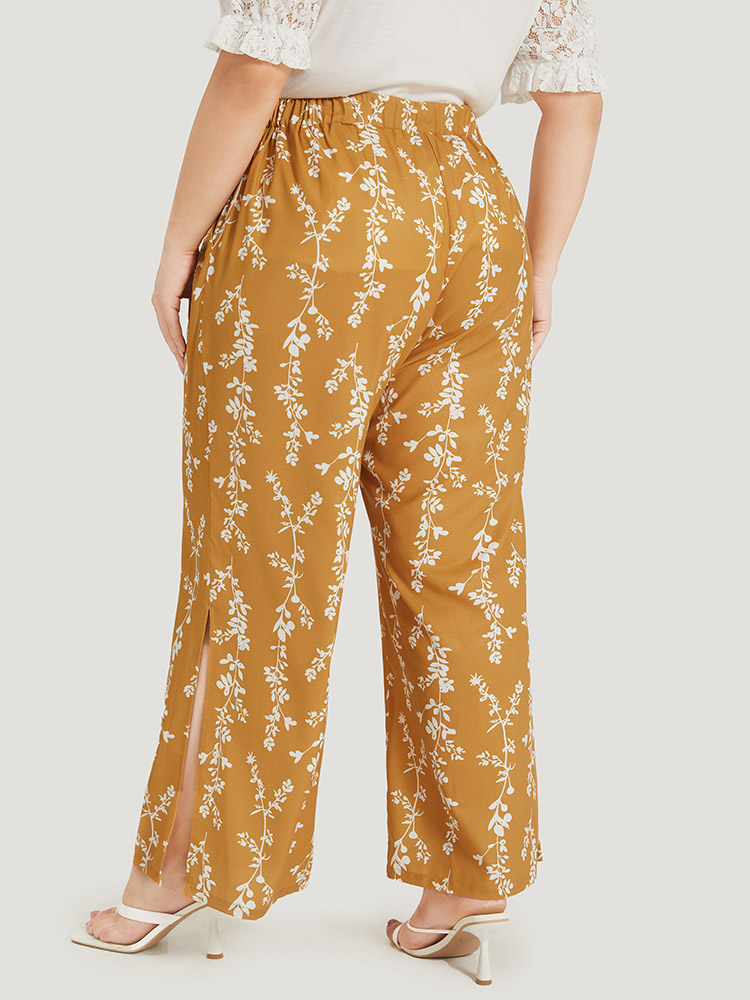 Plus Size Silhouette Floral Print Pocket Split Side Pants Women Yellow Elegant Straight Leg High Rise Dailywear Pants BloomChic 22-24/3X 