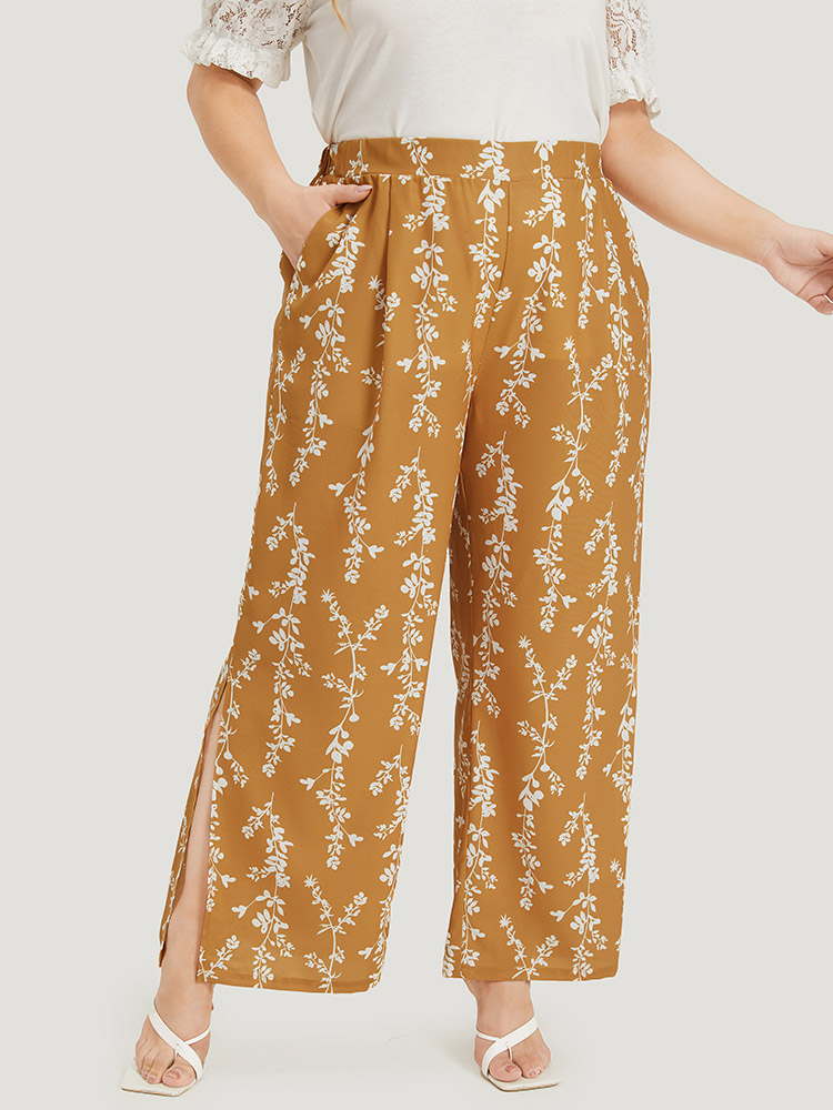 Plus Size Silhouette Floral Print Pocket Split Side Pants Women Yellow Elegant Straight Leg High Rise Dailywear Pants BloomChic 22-24/3X 