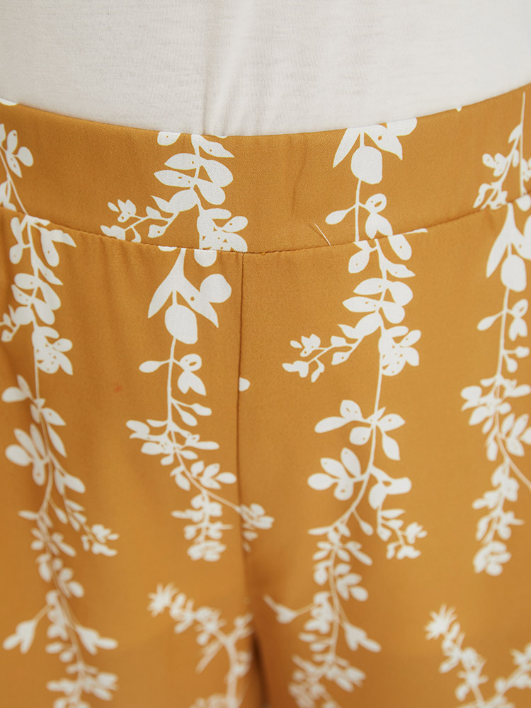 Plus Size Silhouette Floral Print Pocket Split Side Pants Women Yellow Elegant Straight Leg High Rise Dailywear Pants BloomChic 22-24/3X 