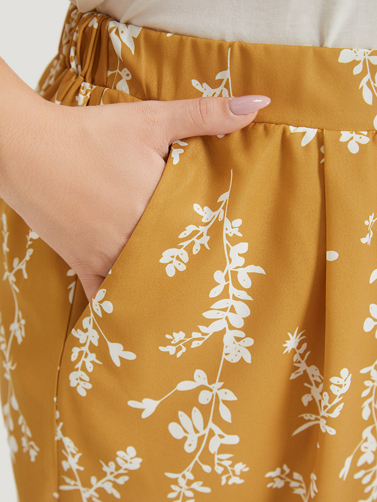 Plus Size Silhouette Floral Print Pocket Split Side Pants Women Yellow Elegant Straight Leg High Rise Dailywear Pants BloomChic 22-24/3X 