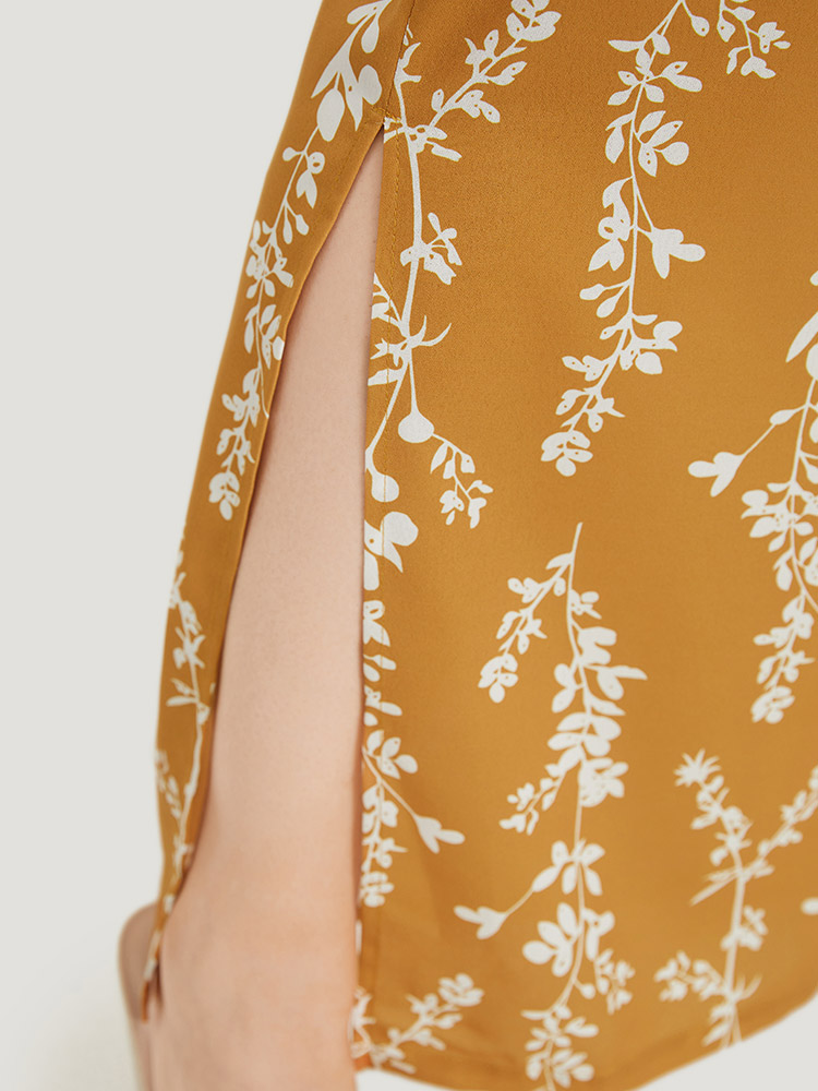 Plus Size Silhouette Floral Print Pocket Split Side Pants Women Yellow Elegant Straight Leg High Rise Dailywear Pants BloomChic 22-24/3X 