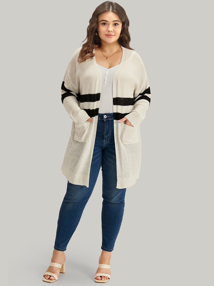 

Plus Size Striped Pocket Open Front Cardigan Beige Women Casual Loose Long Sleeve Everyday Cardigans BloomChic