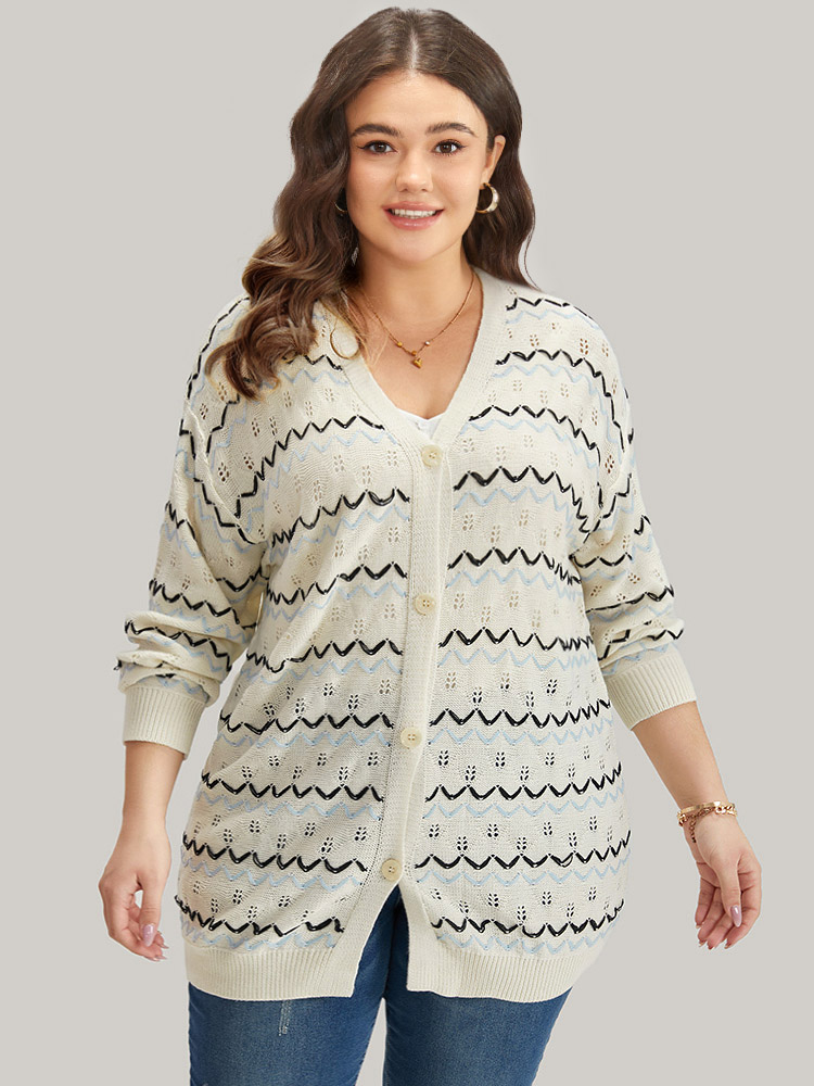 

Plus Size UltraCool Wave Striped Eyelet Button Through Cardigan Beige Women Casual Loose Long Sleeve Everyday Cardigans BloomChic