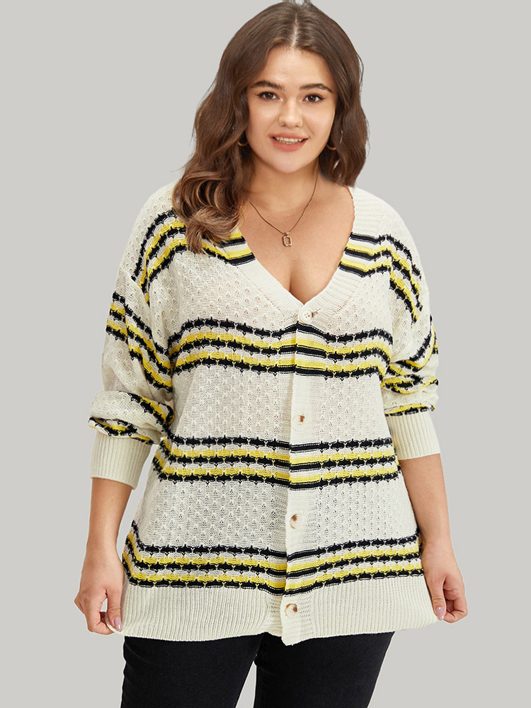 

Plus Size Striped Contrast Button Up Drop Shoulder Cardigan Beige Women Casual Bodycon Long Sleeve Everyday Cardigans BloomChic