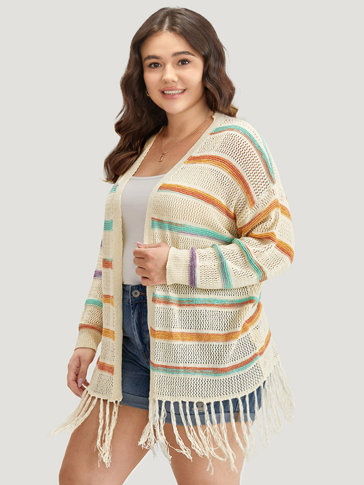 

Plus Size Rainbow Striped Fringe Trim Open Front Cardigan Apricot Women Casual Loose Long Sleeve Dailywear Cardigans BloomChic