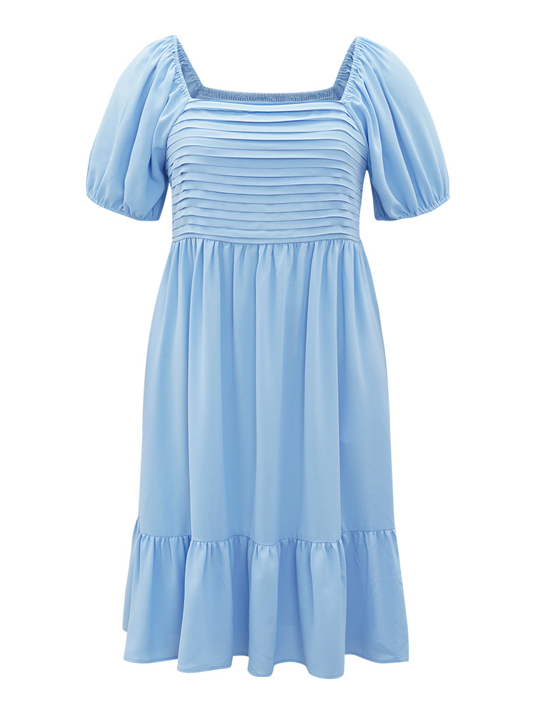 

Plus Size Square Neck Puff Sleeve Ruched Ruffle Hem Dress LightBlue Women Elastic cuffs Square Neck Short sleeve Curvy Midi Dress BloomChic