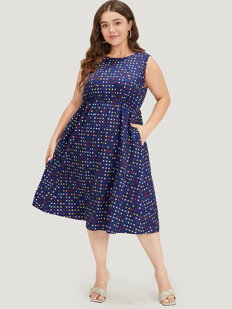 

Plus Size Polka Dot Ruffle Hem Round Neck Pocket Tank Dress DarkBlue Women Elegant Elastic Waist Round Neck Sleeveless Curvy Midi Dress BloomChic