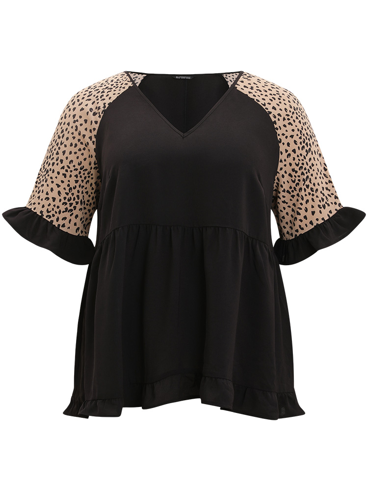 Plus Size Women Dailywear Leopard Patchwork Bell Sleeve Half Sleeve V-neck Elegant Blouses BloomChic 