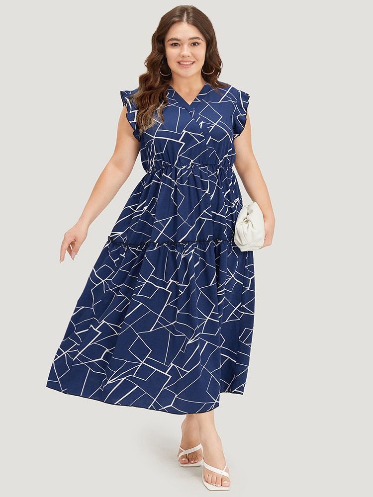 

Plus Size Geometric Print Ruffle Cap Sleeve Wrap Layered Hem Dress Indigo Women Office Printed V-neck Cap Sleeve Curvy Long Dress BloomChic