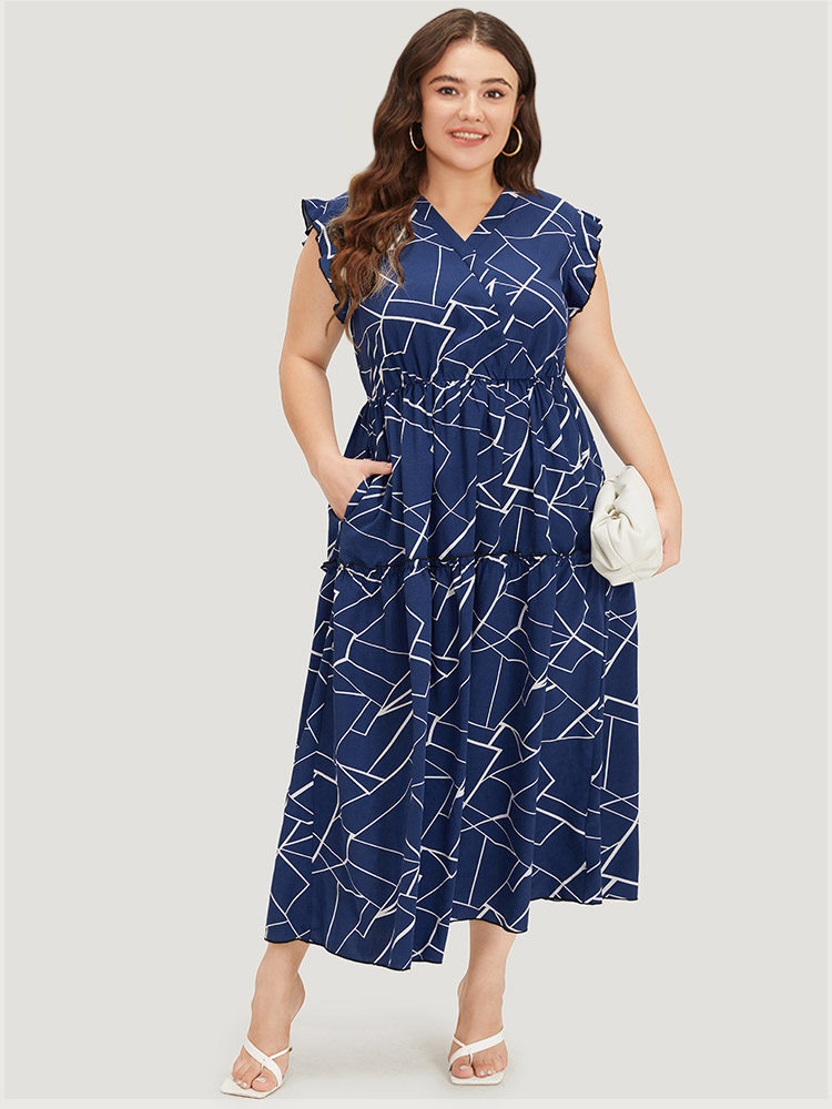 

Plus Size Geometric Print Ruffle Cap Sleeve Wrap Layered Hem Dress Indigo Women Office Printed V-neck Cap Sleeve Curvy Long Dress BloomChic