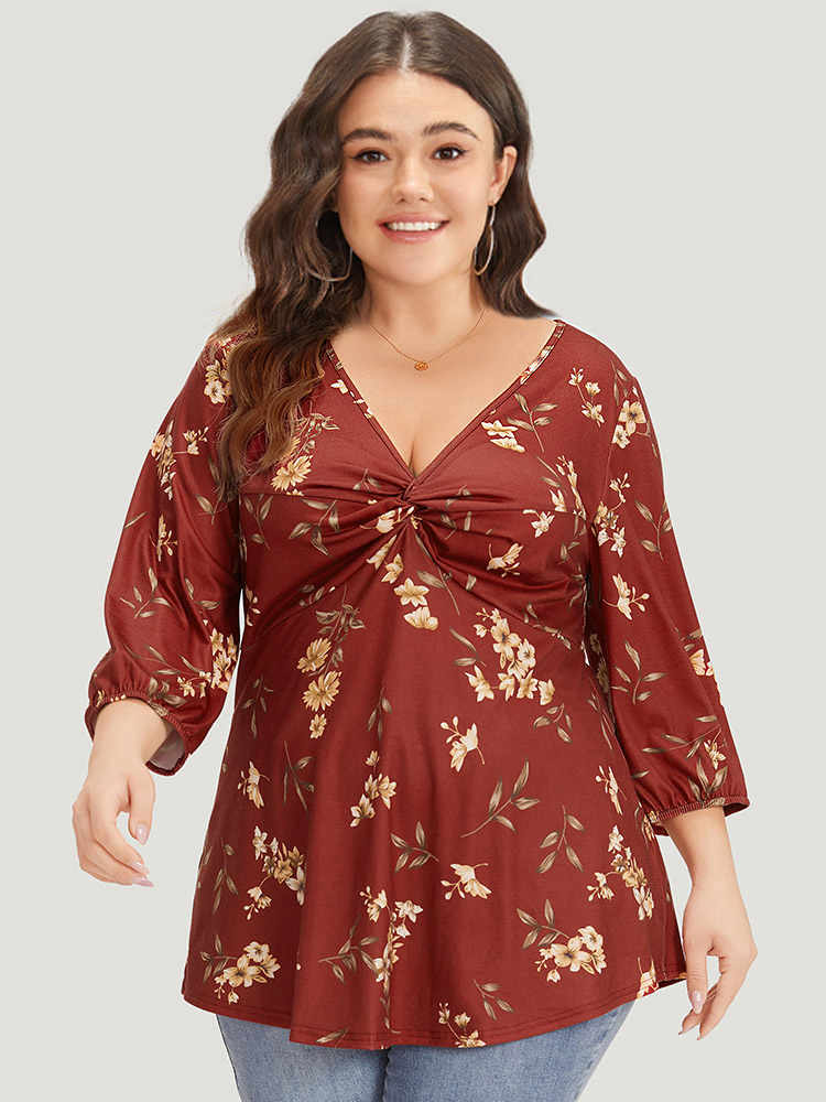 

Plus Size Floral Print Twist Front Ruched Lantern Sleeve T-shirt Rust V-neck Elbow-length sleeve Elegant Jersey Tops