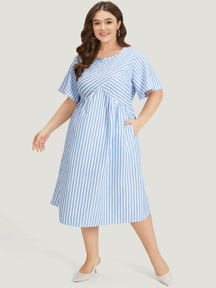 Plus Size Striped Patchwork Gathered Pocket Midi Dress LightBlue Women Office Gathered Round Neck Short sleeve Curvy Midi Dress BloomChic 28/5X 