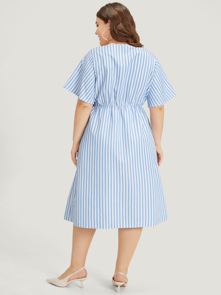 

Plus Size Striped Patchwork Gathered Pocket Midi Dress LightBlue Women Office Gathered Round Neck Short sleeve Curvy Midi Dress BloomChic