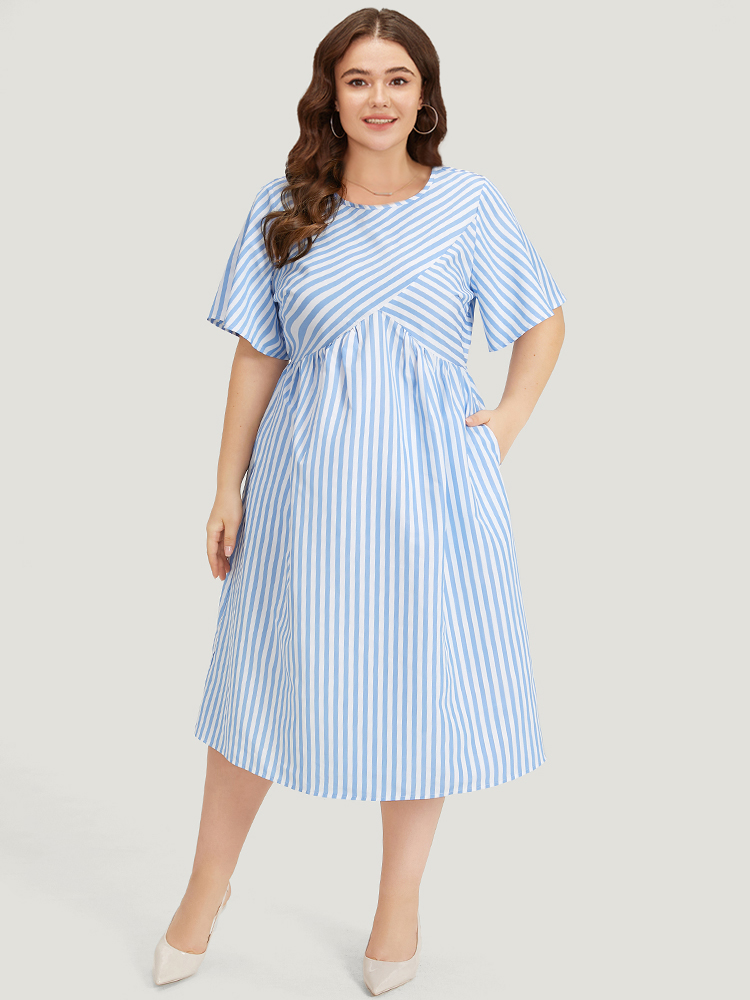 

Plus Size Striped Patchwork Gathered Pocket Midi Dress LightBlue Women Office Gathered Round Neck Short sleeve Curvy Midi Dress BloomChic