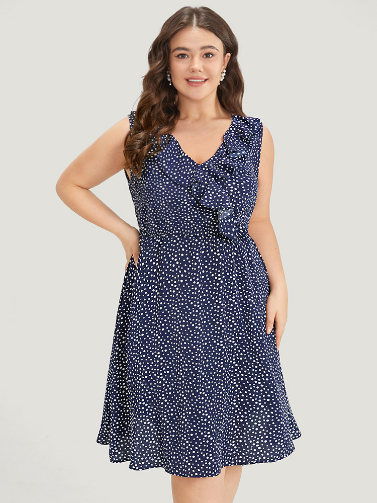 

Plus Size Polka Dot Ruffle Trim V Neck Sleeveless Dress DarkBlue Women Elegant Pocket V-neck Sleeveless Curvy Knee Dress BloomChic