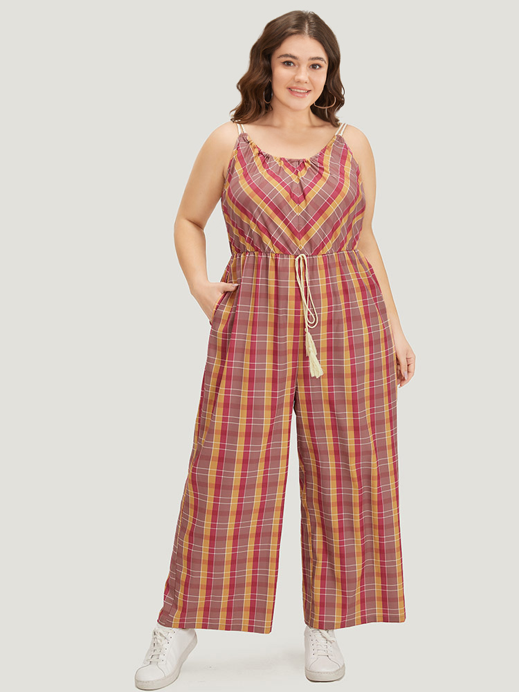 

Plus Size Multicolor Plaid Print Tassels Knotted Pocket Cami Jumpsuit Women Casual Sleeveless Spaghetti Strap Dailywear Loose Jumpsuits BloomChic