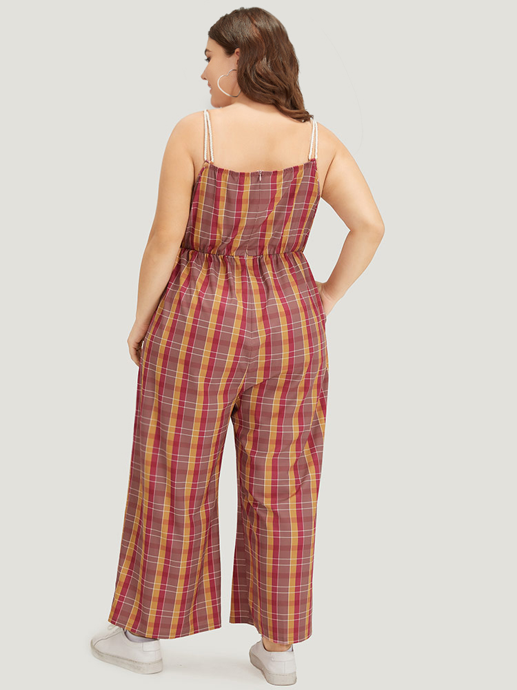 Plus Size Multicolor Plaid Print Tassels Knotted Pocket Cami Jumpsuit Women Casual Sleeveless Spaghetti Strap Dailywear Loose Jumpsuits BloomChic 22-24/3X 