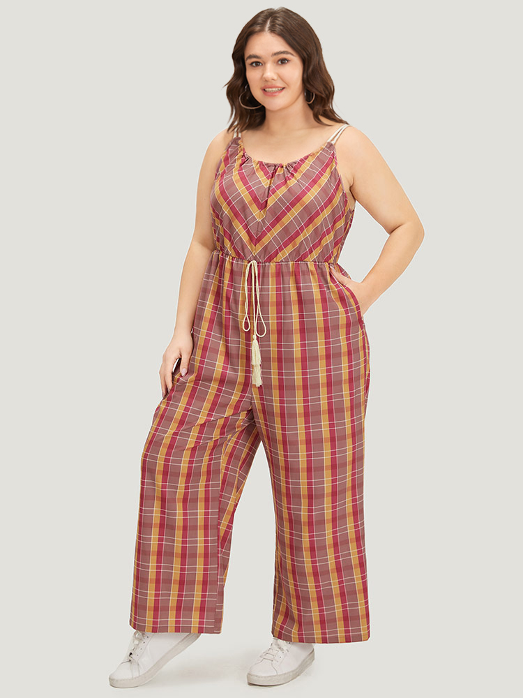 Plus Size Multicolor Plaid Print Tassels Knotted Pocket Cami Jumpsuit Women Casual Sleeveless Spaghetti Strap Dailywear Loose Jumpsuits BloomChic 22-24/3X 