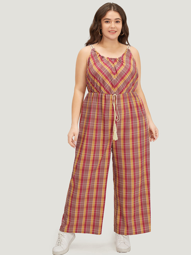 Plus Size Multicolor Plaid Print Tassels Knotted Pocket Cami Jumpsuit Women Casual Sleeveless Spaghetti Strap Dailywear Loose Jumpsuits BloomChic 22-24/3X 