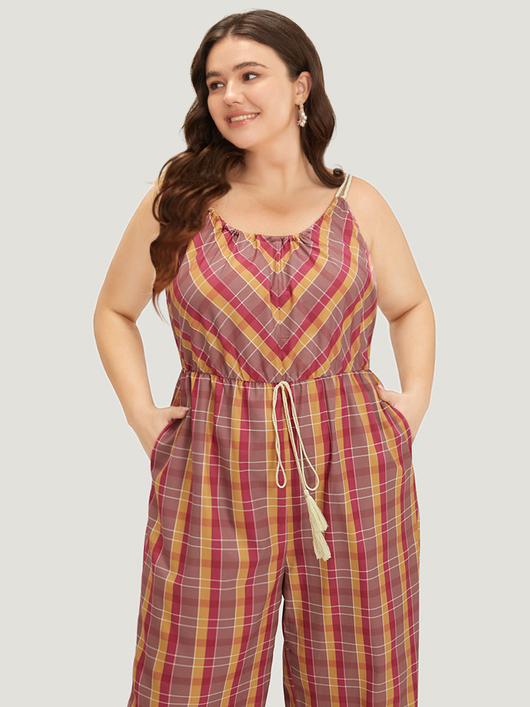 Plus Size Multicolor Plaid Print Tassels Knotted Pocket Cami Jumpsuit Women Casual Sleeveless Spaghetti Strap Dailywear Loose Jumpsuits BloomChic 22-24/3X 