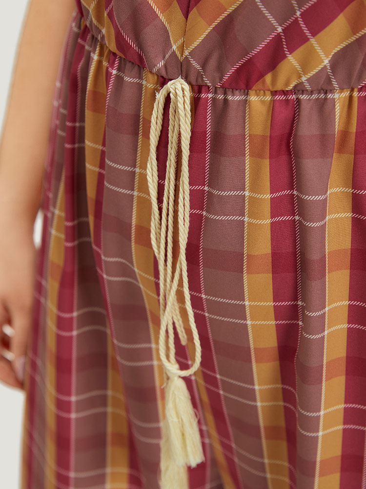 Plus Size Multicolor Plaid Print Tassels Knotted Pocket Cami Jumpsuit Women Casual Sleeveless Spaghetti Strap Dailywear Loose Jumpsuits BloomChic 22-24/3X 