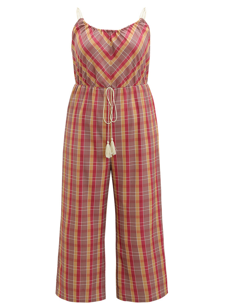 Plus Size Multicolor Plaid Print Tassels Knotted Pocket Cami Jumpsuit Women Casual Sleeveless Spaghetti Strap Dailywear Loose Jumpsuits BloomChic 22-24/3X 