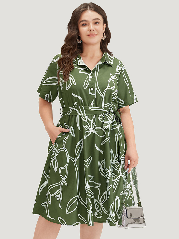 

Plus Size Graphic Print Belted Shirt Collar Button Up Dress Sage Women Office Belted Shirt collar Short sleeve Curvy Midi Dress BloomChic